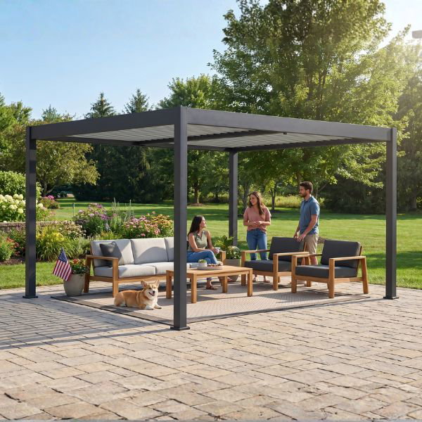 Friends sitting under louvered pergola