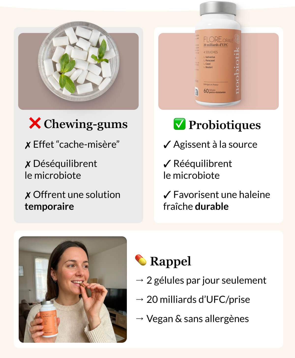 ❌ Chewing-gums ✗ Effet “cache-misère” ✗ Déséquilibrent le microbiote ✗ Offrent une solution temporaire  ✅ Probiotiques ✓ Agissent à la source ✓ Rééquilibrent le microbiote ✓ Favorisent une haleine fraîche durable💊 Rappel → 2 gélules par jour seulement → 20 milliards d’UFC/prise → Vegan & sans allergènes