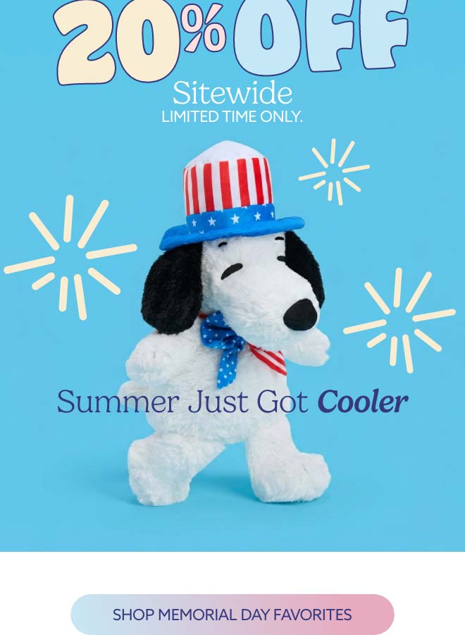 Americana Snoopyon a blue background with firework bursts. Shop Memorial Day Sale.