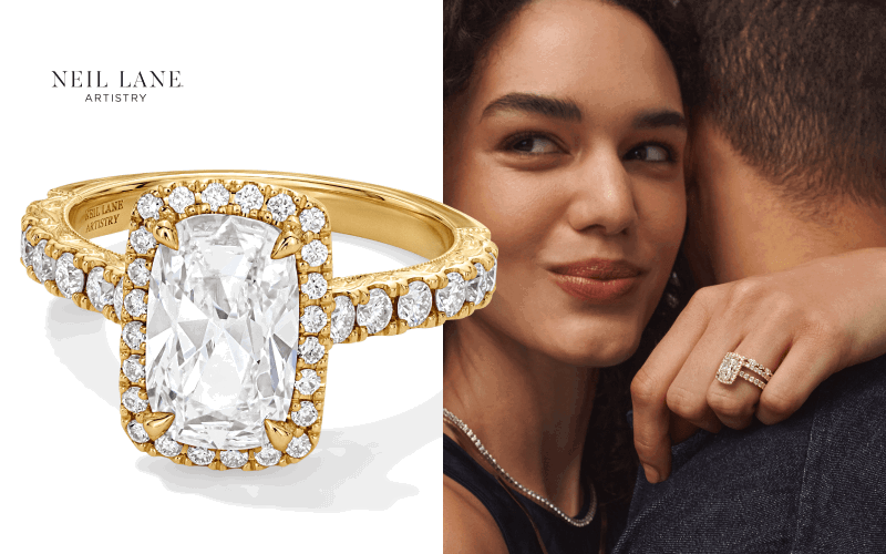 Cushion-cut diamond engagement ring with halo and pavé band in yellow gold, shown on model and close-up.