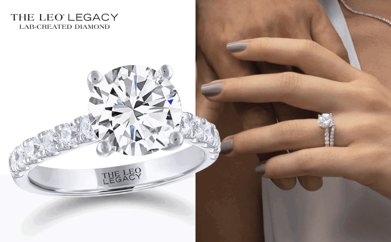 Round diamond solitaire engagement ring with pavé band, shown on model and close-up.