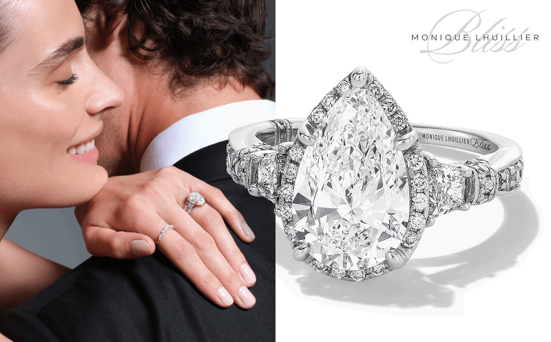 Pear-shaped diamond engagement ring with halo and pavé band in white metal, shown on model and close-up.