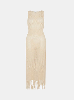Sleeveless Fringe Crochet Knit Dress Ivory