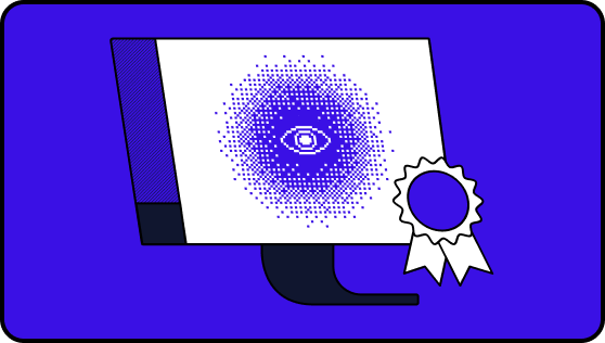 Illustration of a desktop with a blue ribbon at the bottom right corner