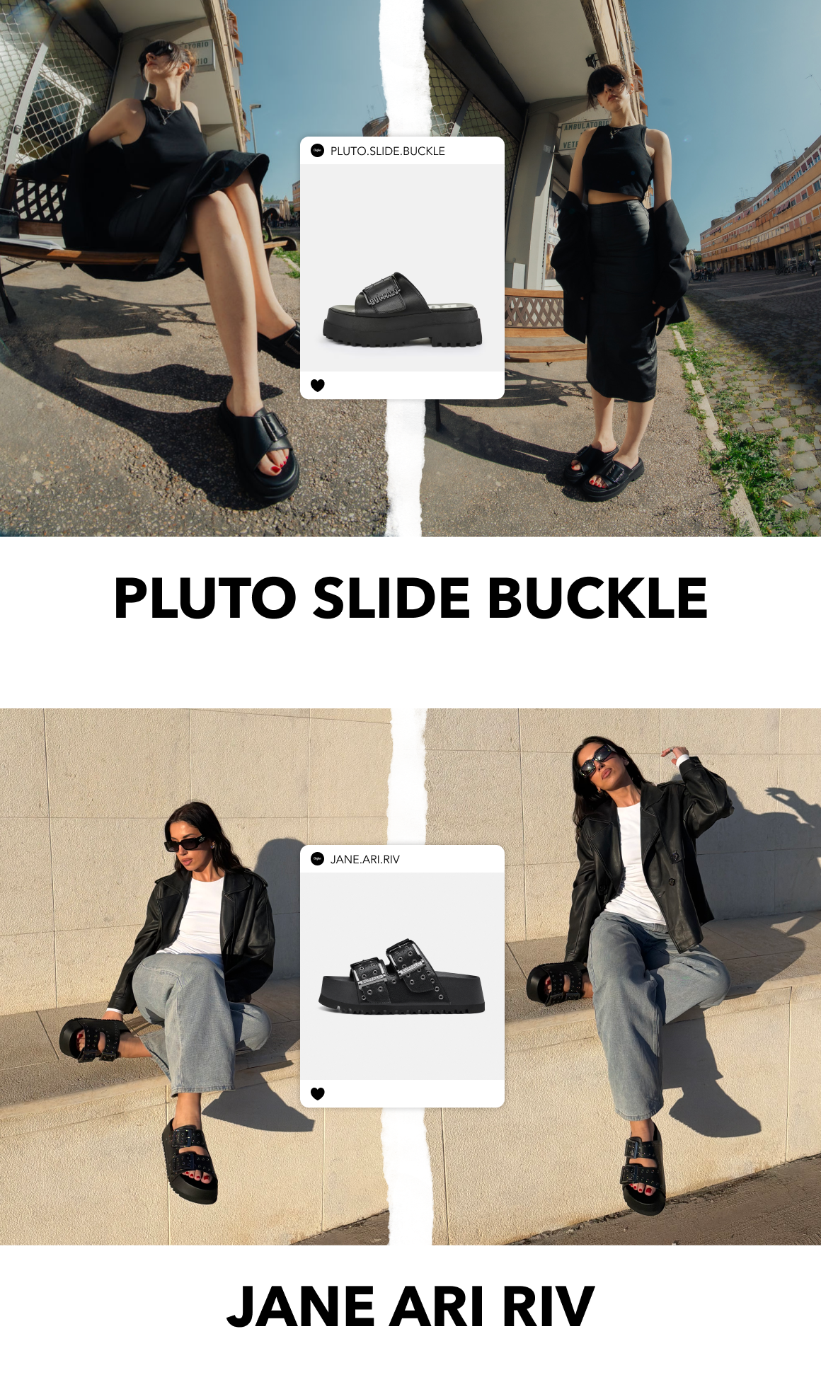 Collage-style promotional image showing a person wearing black platform slides in an urban setting alongside product shots, with the text ‘PLUTO SLIDE BUCKLE’ and ‘JANE ARI RIV’