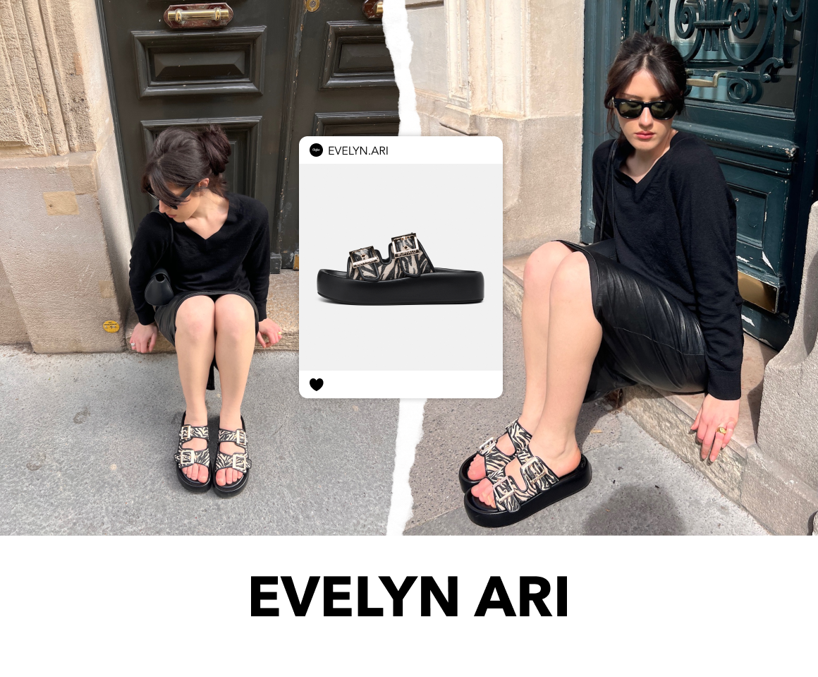 Collage-style promotional image showing a person sitting on steps wearing platform slides, alongside a product shot, with the text ‘EVELYN ARI’