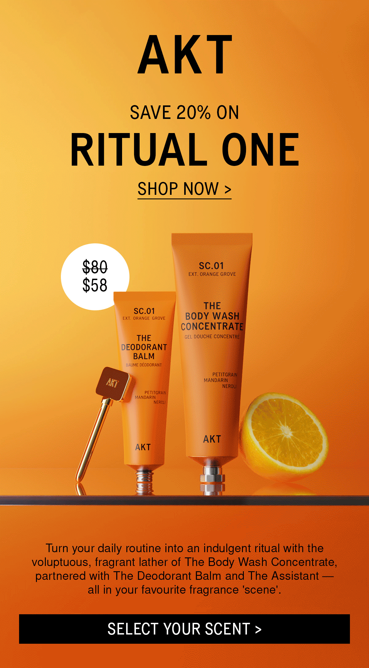 HEADLINE: SAVE 20% ON THE RITUAL ONE  BODYCOPY: Turn your daily routine into an indulgent ritual with the voluptuous, fragrant lather of The Body Wash Concentrate, partnered with The Deodorant Balm and The Assistant — all in your favourite fragrance 'scene'.  [CTA]: SHOP NOW >