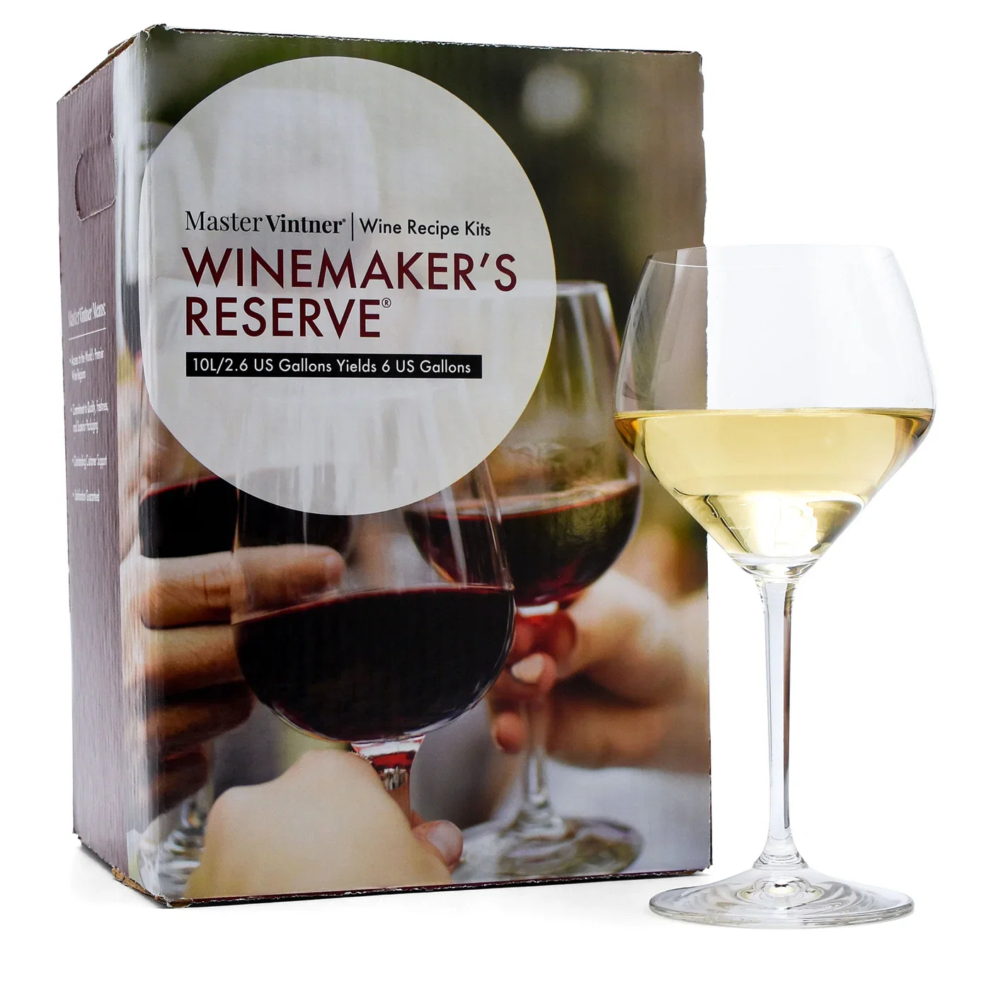 Glass of chardonnay next to box for Master Vintner® Winemaker's Reserve®