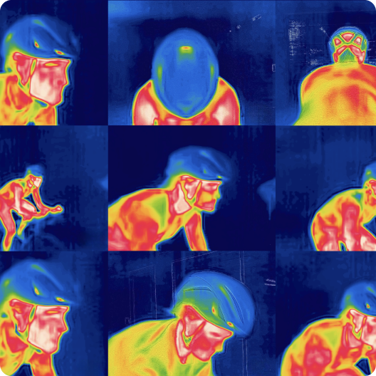 Thermal imaging collage of a cyclist in a helmet showing multicolour heat signatures across head, neck and shoulders
