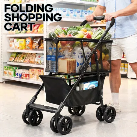 Foldable Shopping Cart Trolley Mobile Personal Collapsible Grocery Utility Tote Bag Basket Portable Folding Rolling Market Travel Granny Wheels 2 Tier