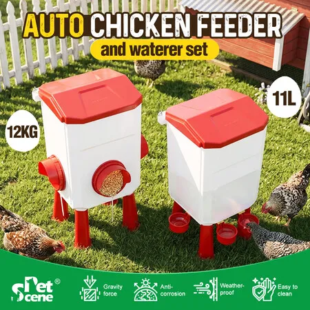 Chicken Bird Feeder Waterer Set Automatic Water Dispenser Poultry Coop 12KG Food 11L Drinker Kit Auto Aviary Chook Chick Hen Quail Duck Drinking Cups