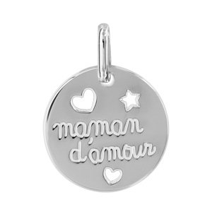 Pendentif en argent rhodié médaille gravée maman d'amour et coeurs et étoile découpés