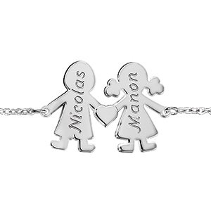 Bracelet en argent chaîne avec 1 petite fille et 1 petit garçon reliés par un coeur au milieu - longueur 16cm + 3cm de rallonge