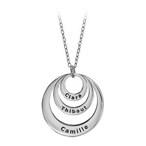 Collier en argent rhodié chaîne avec pendentif 3 anneaux prénom à graver - longueur 40cm + 5cm de rallonge