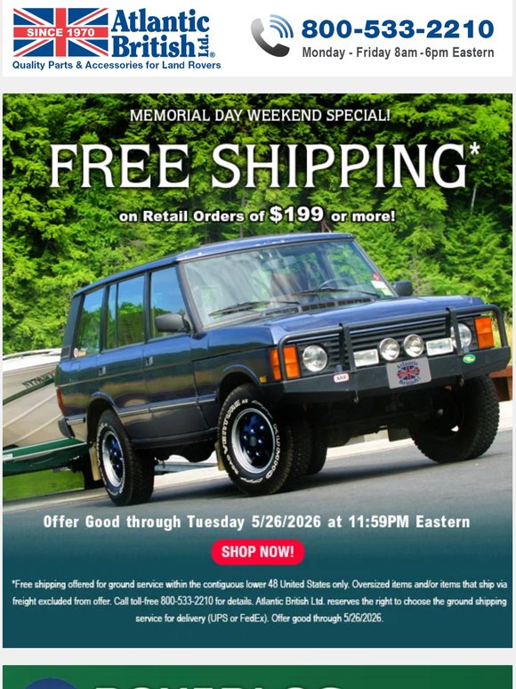 FREE Shipping Now on Retail Orders of $199+ at RoverParts.com