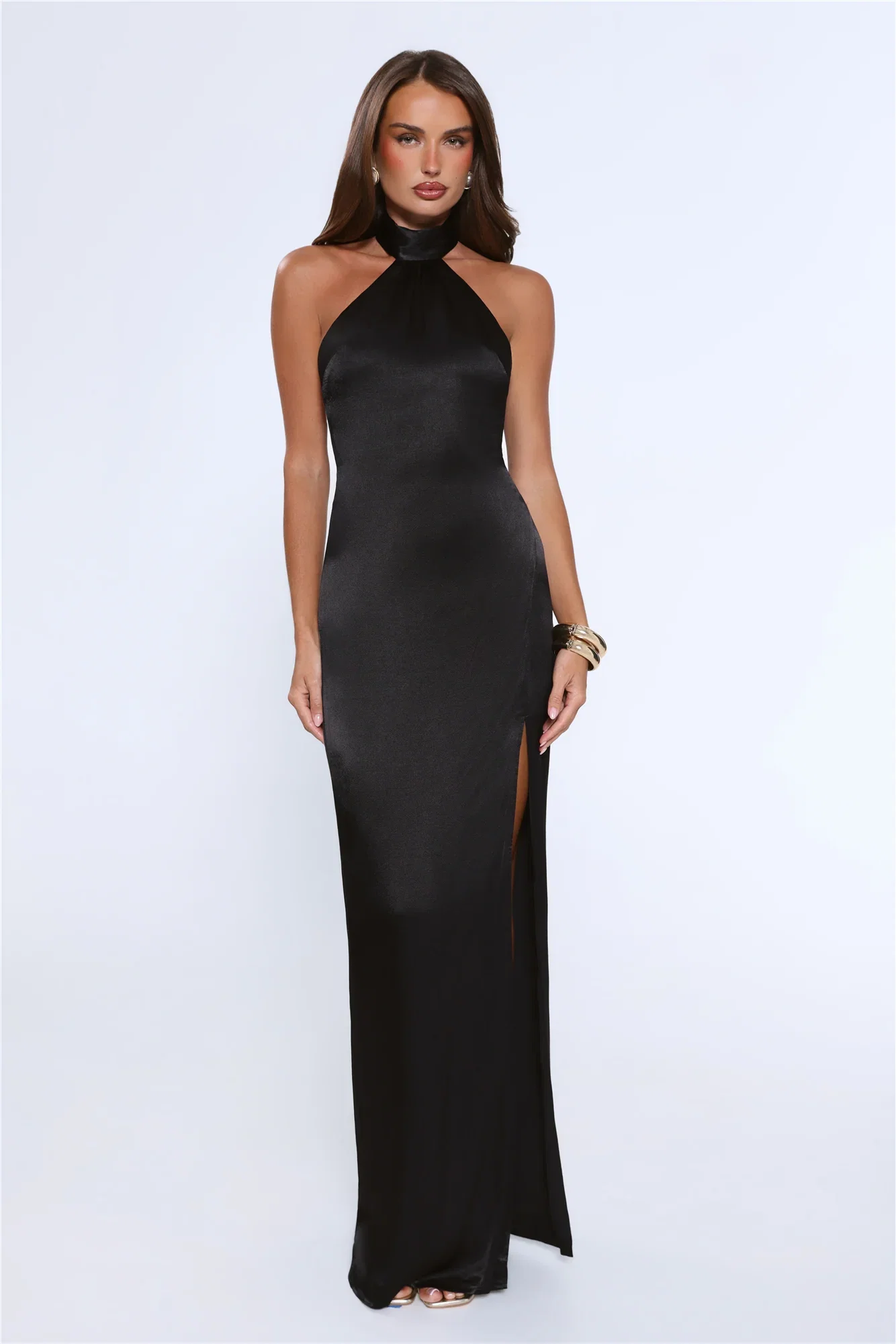 Image of Effortless Luxe Halter Satin Maxi Dress Black