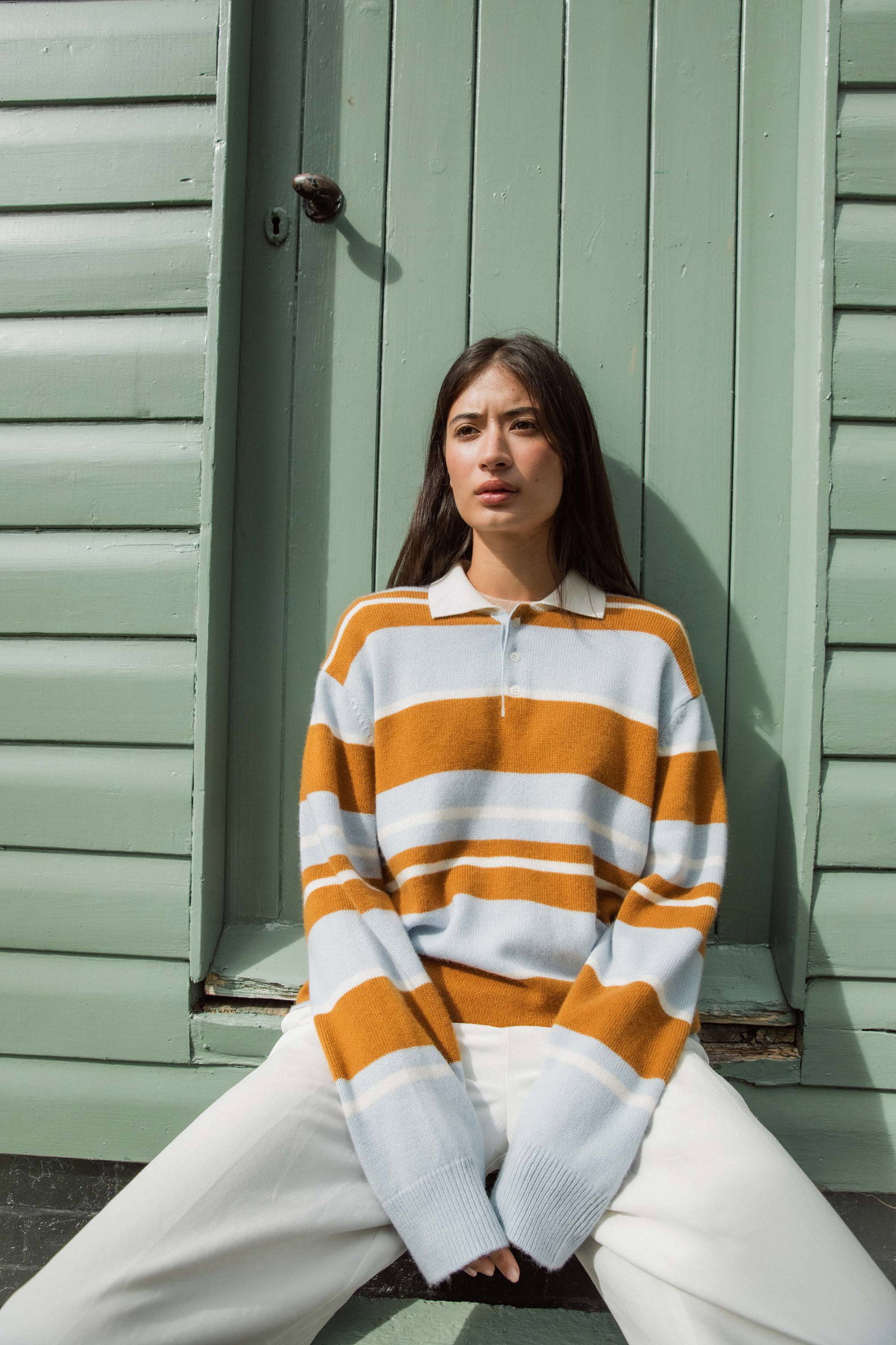 Image of Unisex Stripe Rugby Cashmere Shirt - Blue Aura