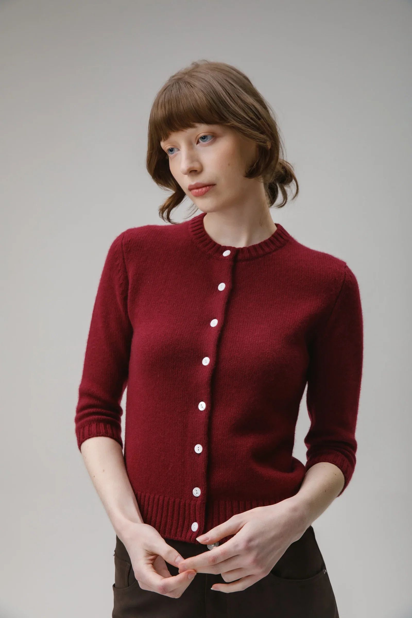 Image of New Town 3/4 Sleeve Cashmere Cardigan - Burgundy