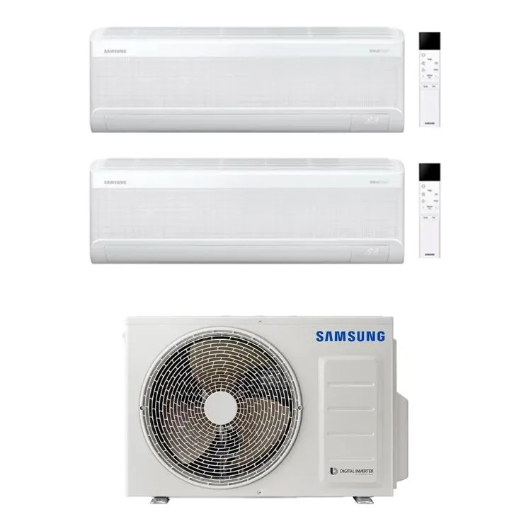 Samsung dual-split wall-mounted air conditioning system with two indoor units, outdoor compressor unit and two white remotes