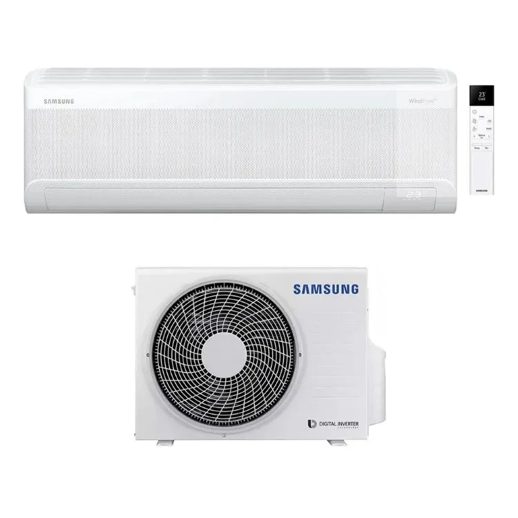 White Samsung split air conditioner showing indoor wall unit, outdoor condenser with fan and compact remote control