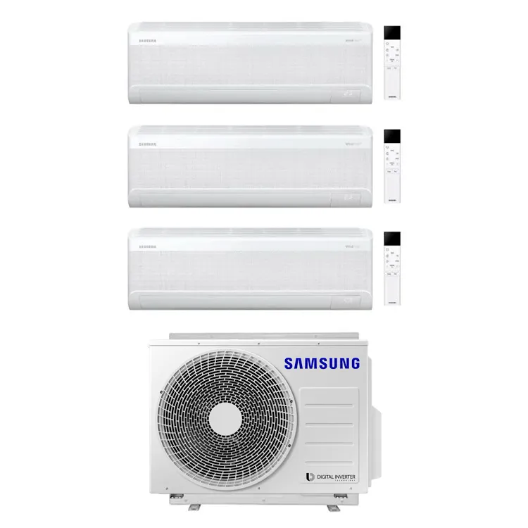 Samsung 3-zone split air conditioning system with three indoor wall units and one outdoor digital inverter compressor