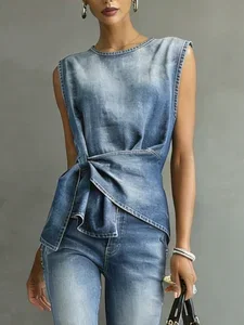 Image of Denim Casual Plain Knot Front Crew Neck Top