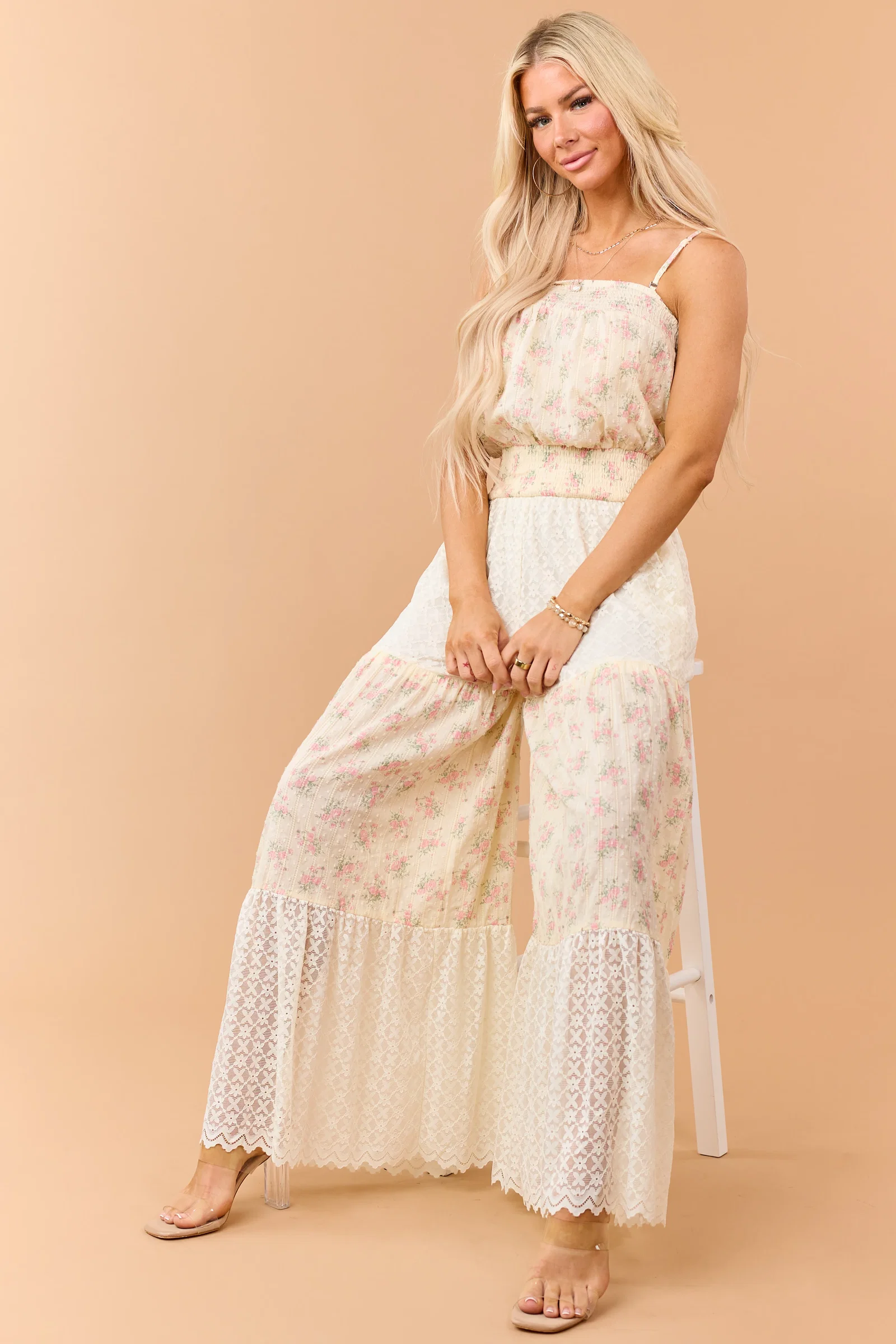 Image of Cream Floral Print Cotton and Lace Panel Jumpsuit