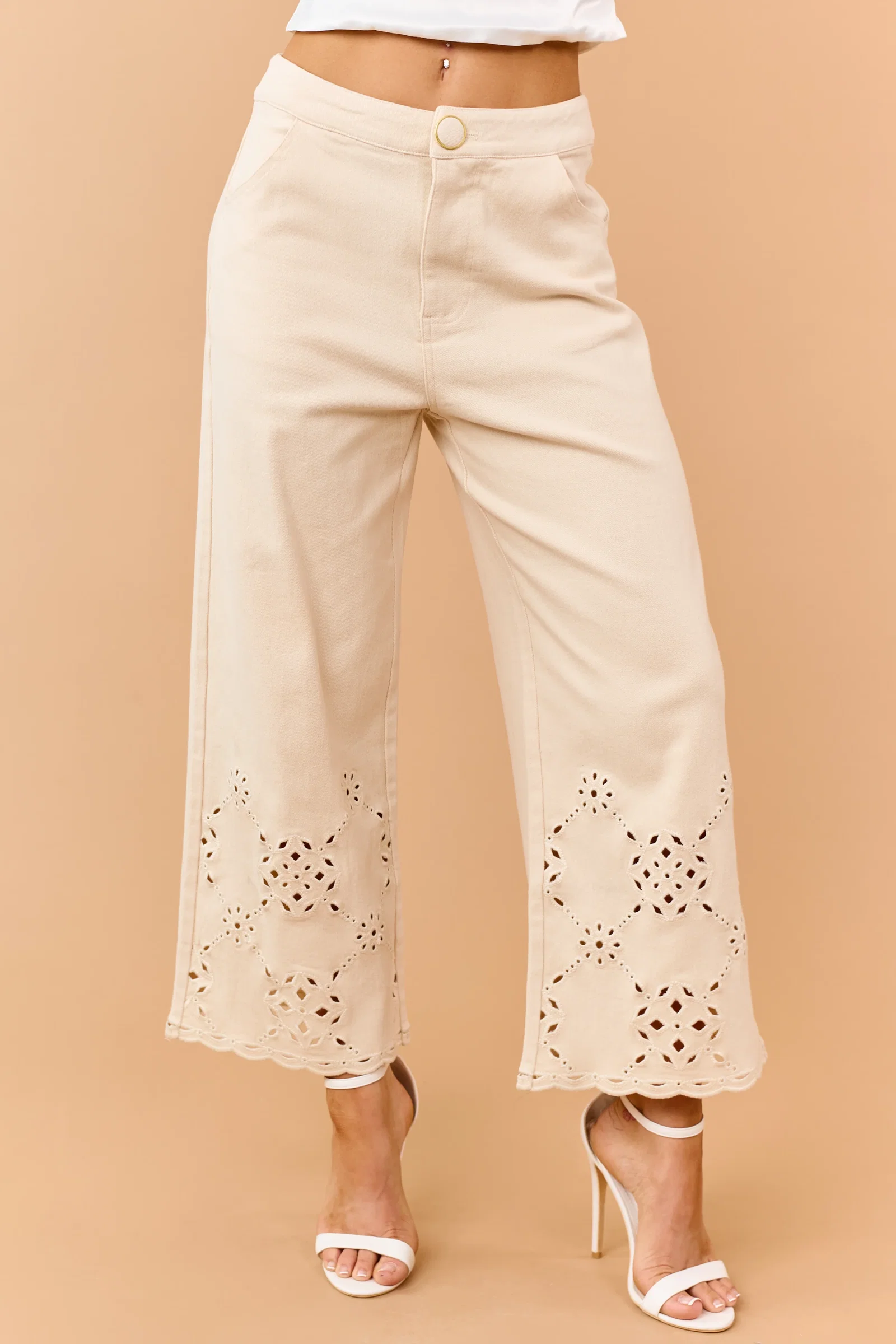 Image of Almond Scalloped Embroidered Hem Wide Crop Jeans