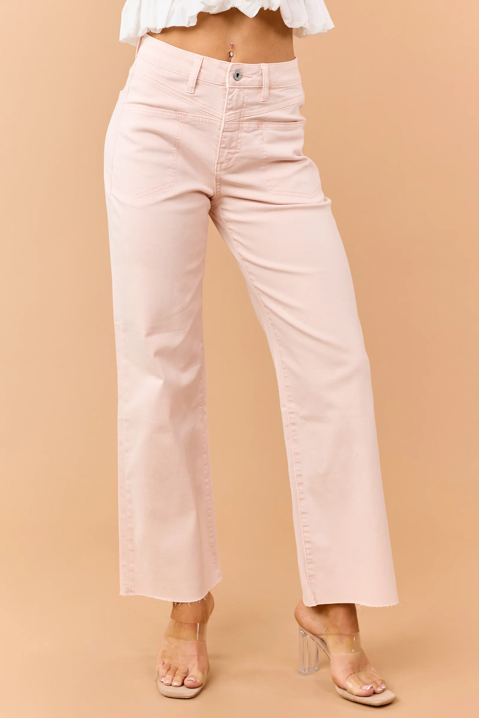 Image of Mica Denim Peach Stretchy Wide Leg Raw Hem Jeans