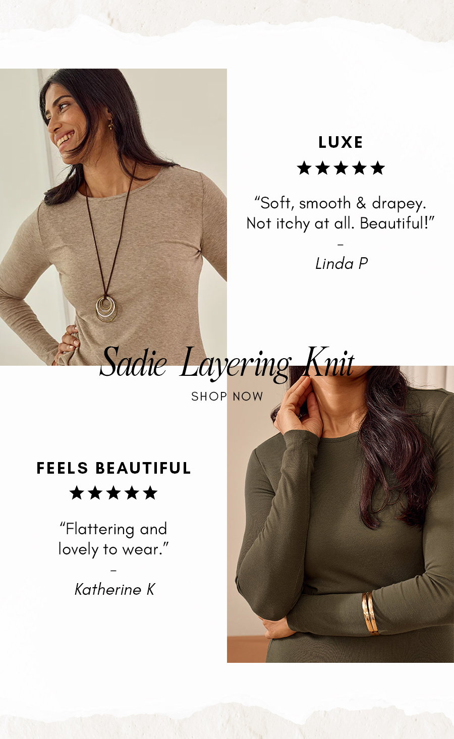 Soft, smooth and draped! Shop Sadie Layering Knit
