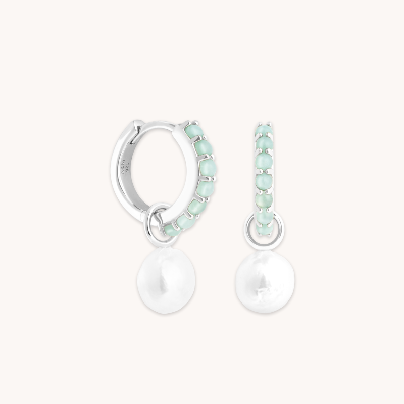 Aqua & Pearl Charm Huggies in Silver