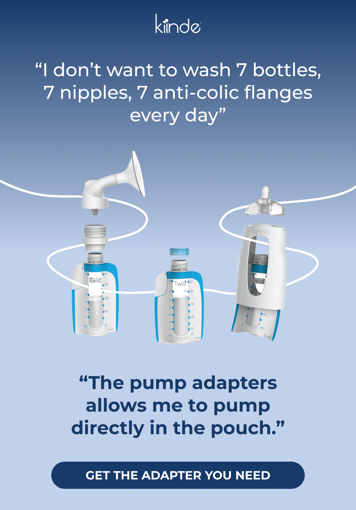 Header that says "The pump adapters allows me to pump directly in the pouch" with a button that says "Get the adapter you need"