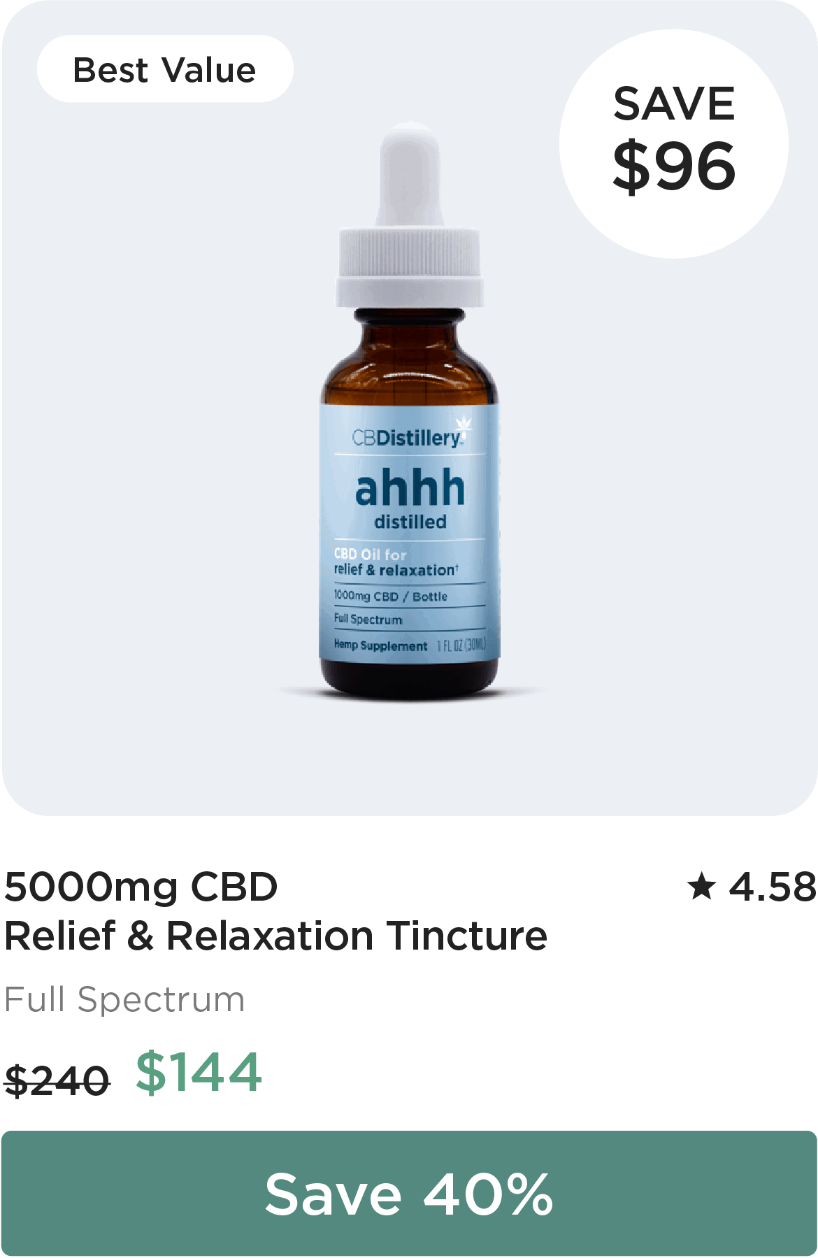 5000mg CBD Relief & Relaxation Tincture, originally $240, now $144 - $96 off! Save 40%