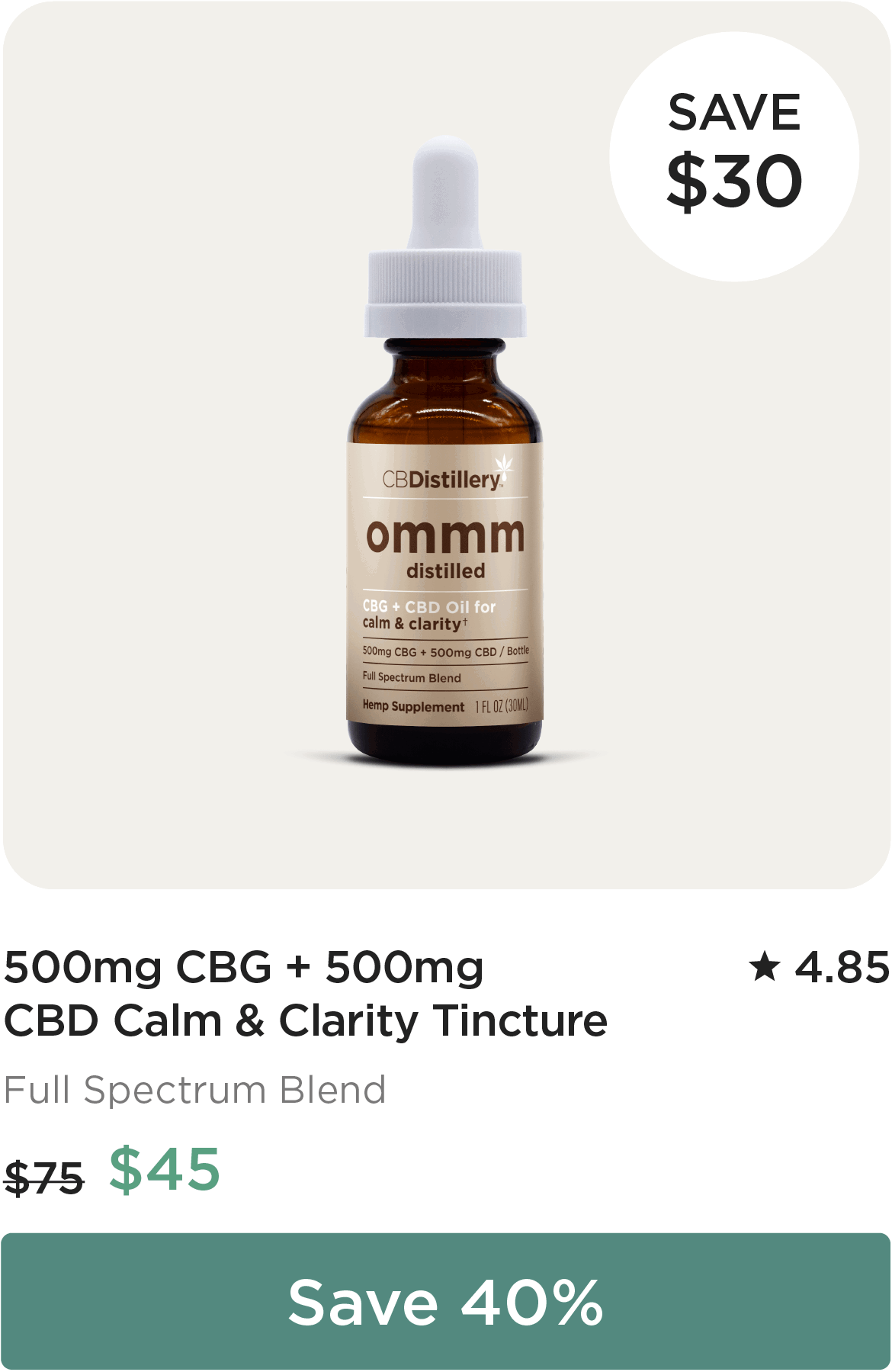 500mg CBG + 500mg CBD Calm & Clarity Tincture, originally $75, now $45 - $30 off! Save 40%