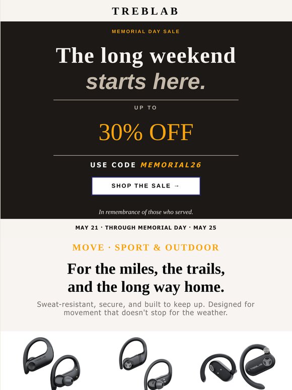 The long weekend starts here. Memorial Day Sale — up to 30% off TREBLAB.