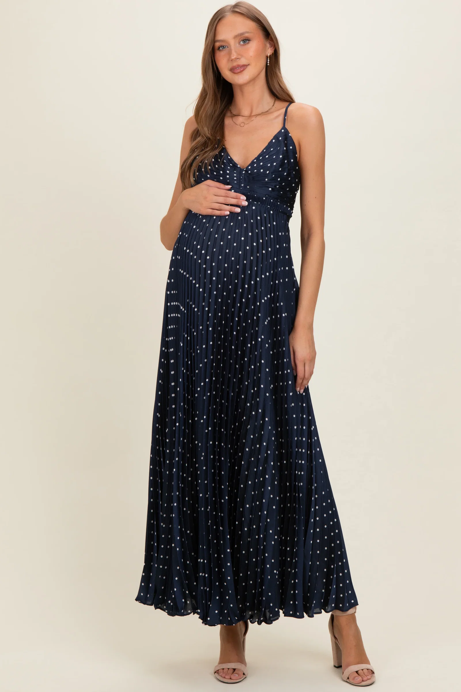 Image of Navy Polka Dot Pleated Cutout Maternity Maxi Dress