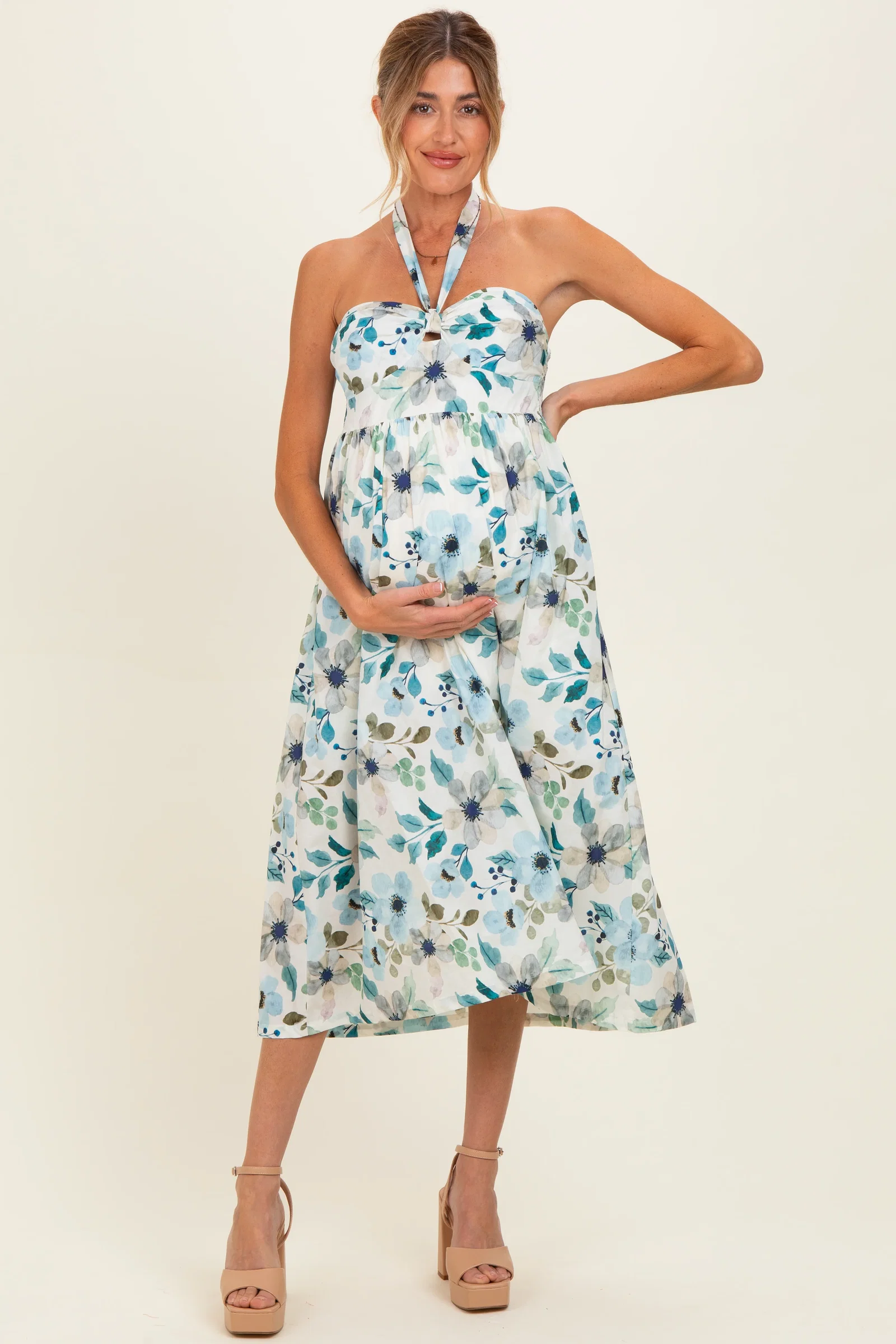 Image of Off White Floral Halter Maternity Midi Dress