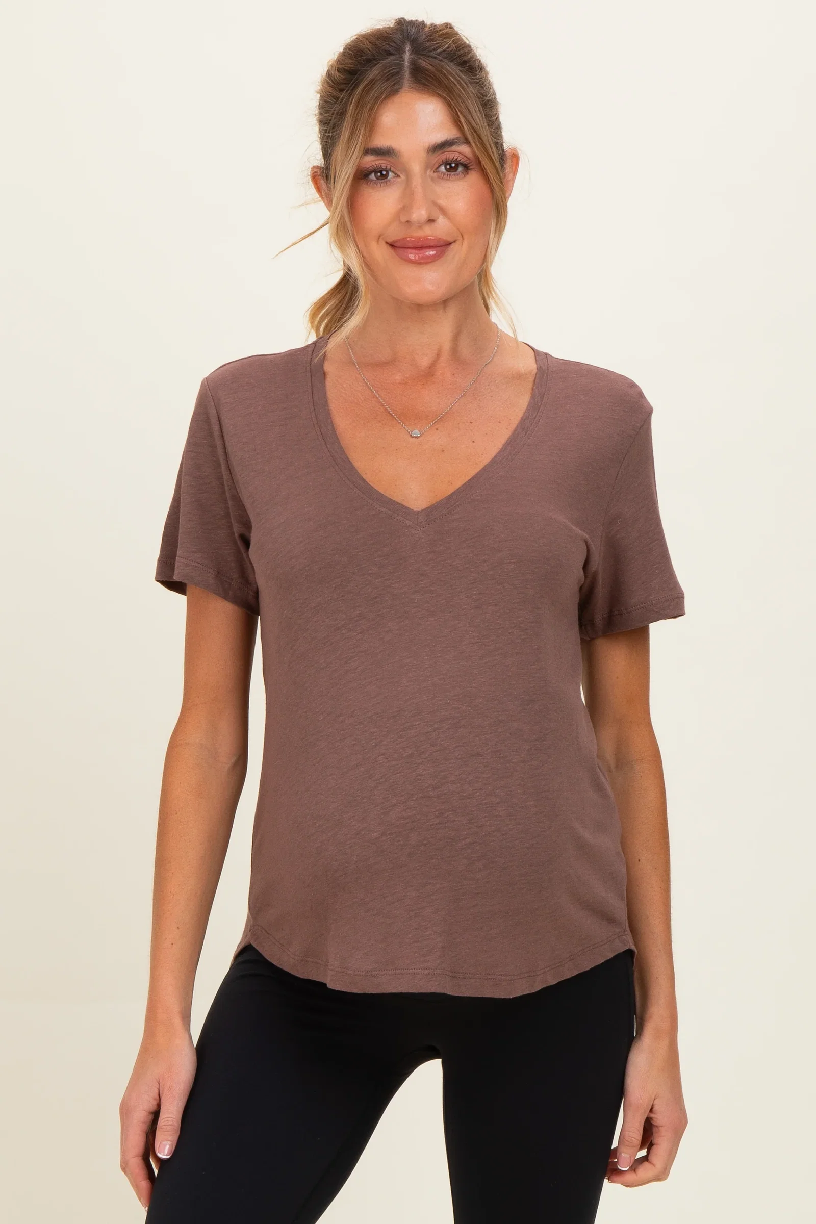 Image of Choco Linen Blend V-Neck Short Sleeve Maternity T-Shirt