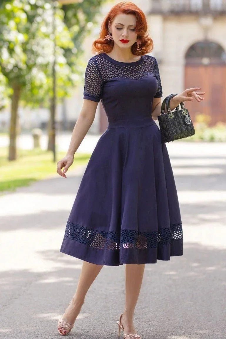 Image of Tess Lace Sleeved Dress in Navy Blue