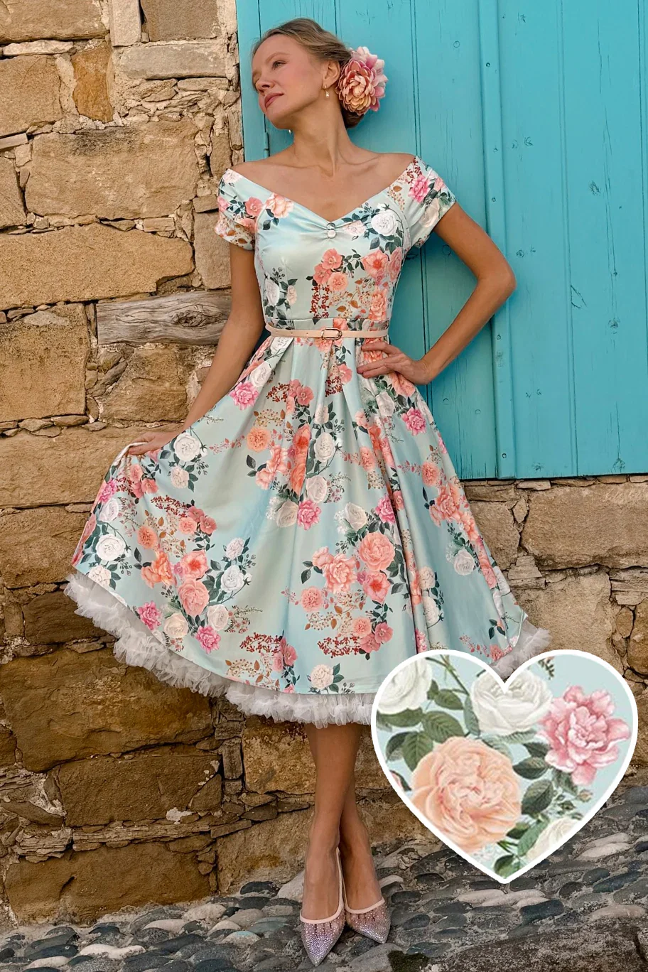 Image of Lily 50s Style Floral Off Shoulder Dress In Mint