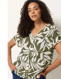 M&Co Khaki Green Leaf Print Short Sleeve Blouse