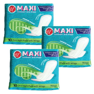 Maxi Pads with Wings - Overnight, 10 Pack
