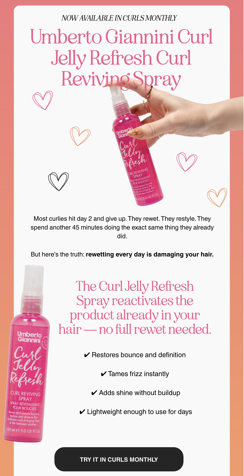 Now available in Curls Monthly: Umberto Giannini Curl Jelly Refresh Curl Reviving Spray. 