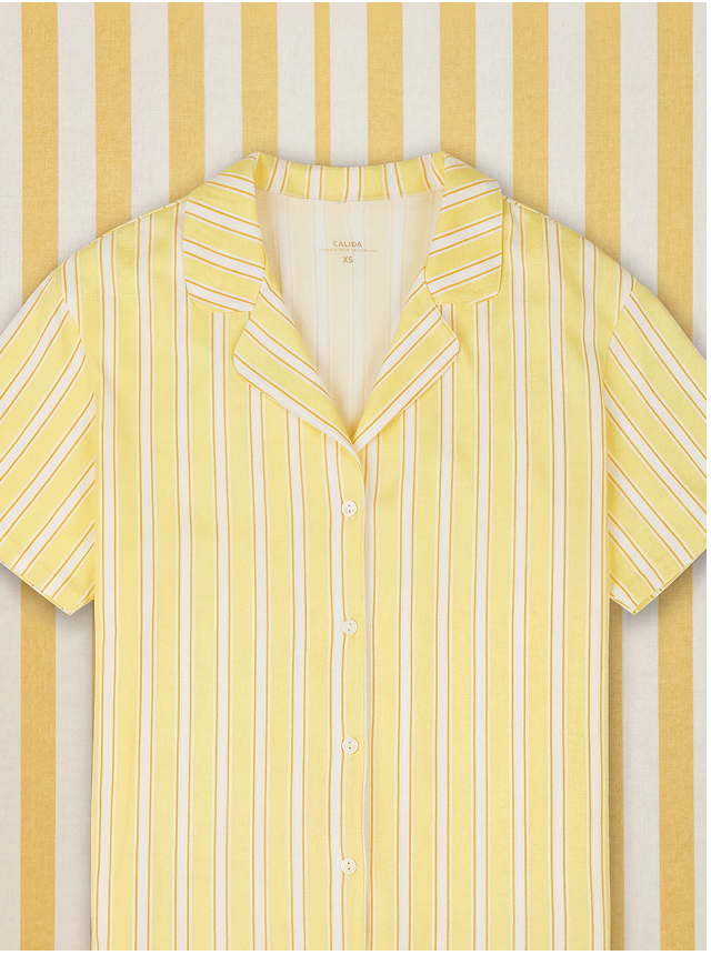 Striped short-sleeve button-down shirt in “Cream Gold” from the FAVOURITES OCEAN collection by CALIDA. 