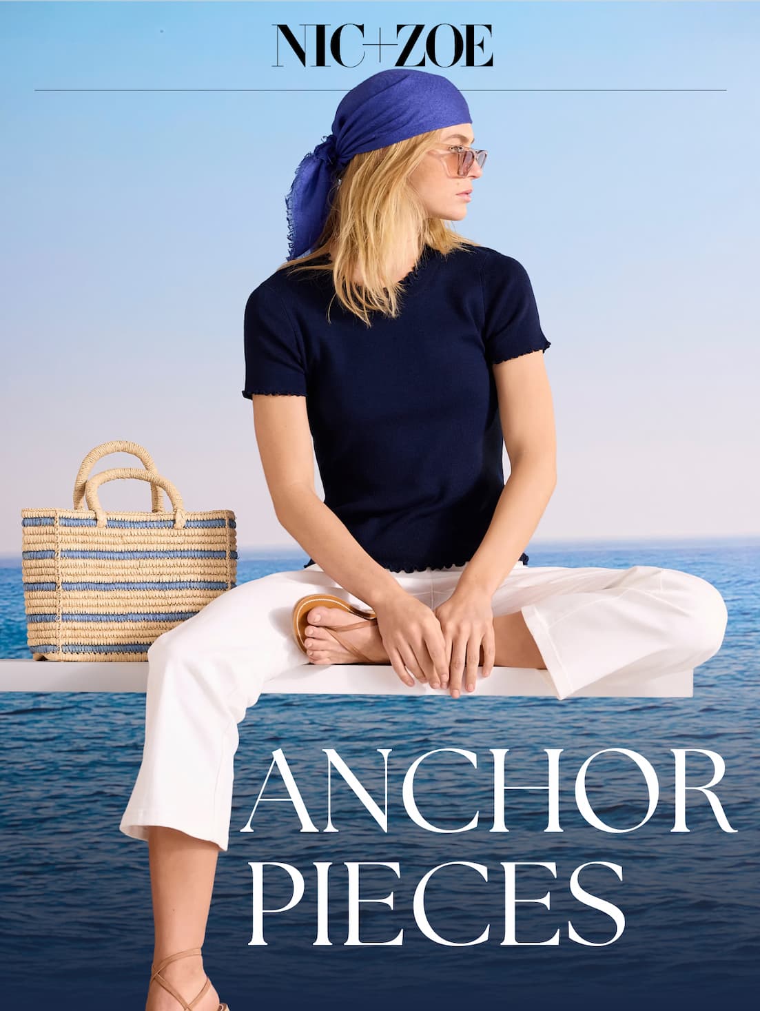 Anchor pieces. The lady wearing the Ruffle Trim Sweater Tee sitting on the deck.