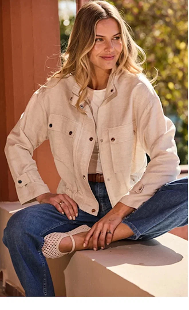 Taupe Linen Blend Funnel Neck Drawstring Jacket