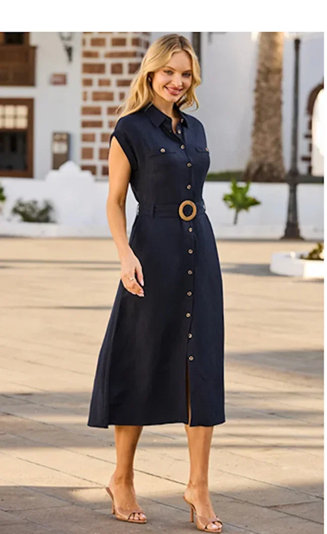 Navy Blue Linen Blend Rattan Belted Shirt Dress
