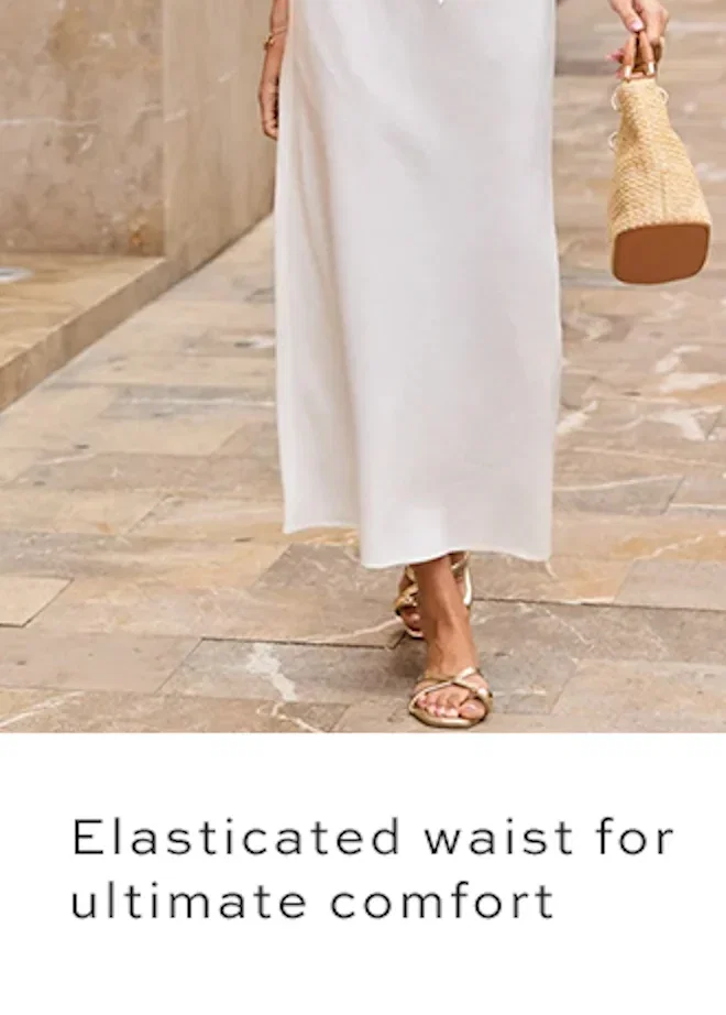 Ivory Linen Blend Drawstring Midi Skirt