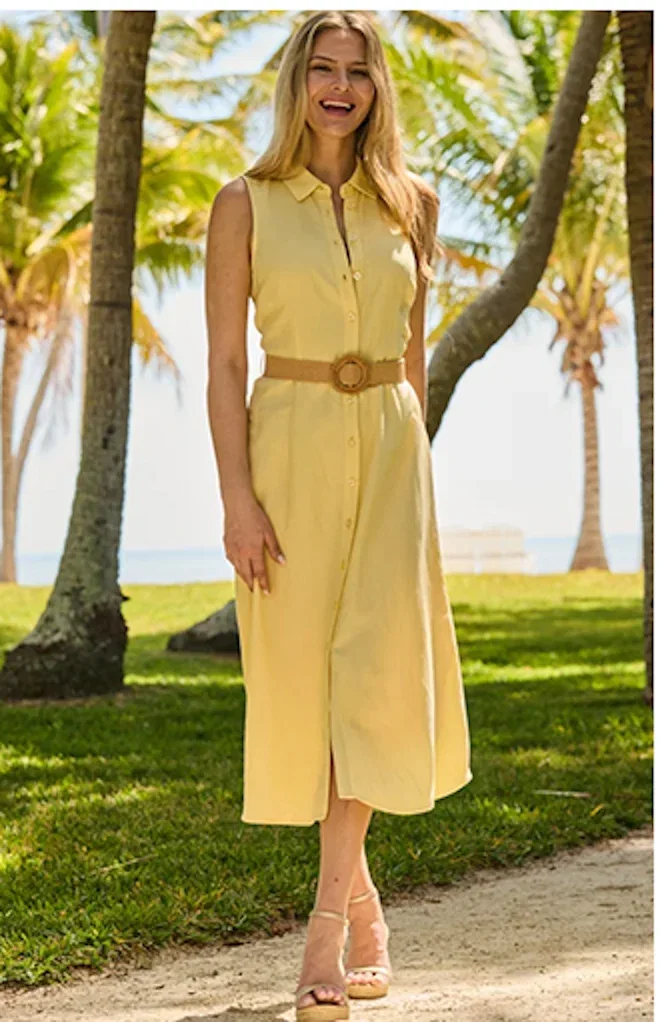 Lemon Yellow Linen Blend Rattan Belted Shirt Dress