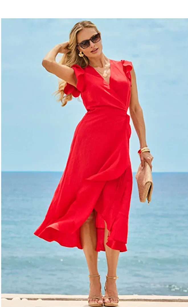 Summer Red Linen Blend Ruffle Hem Wrap Dress